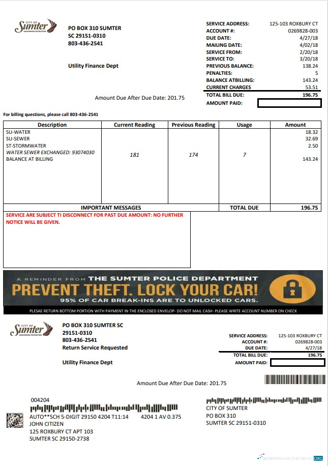 download USA City of Sumter South Carolina water utility bill template in Word and PDF format PDF template